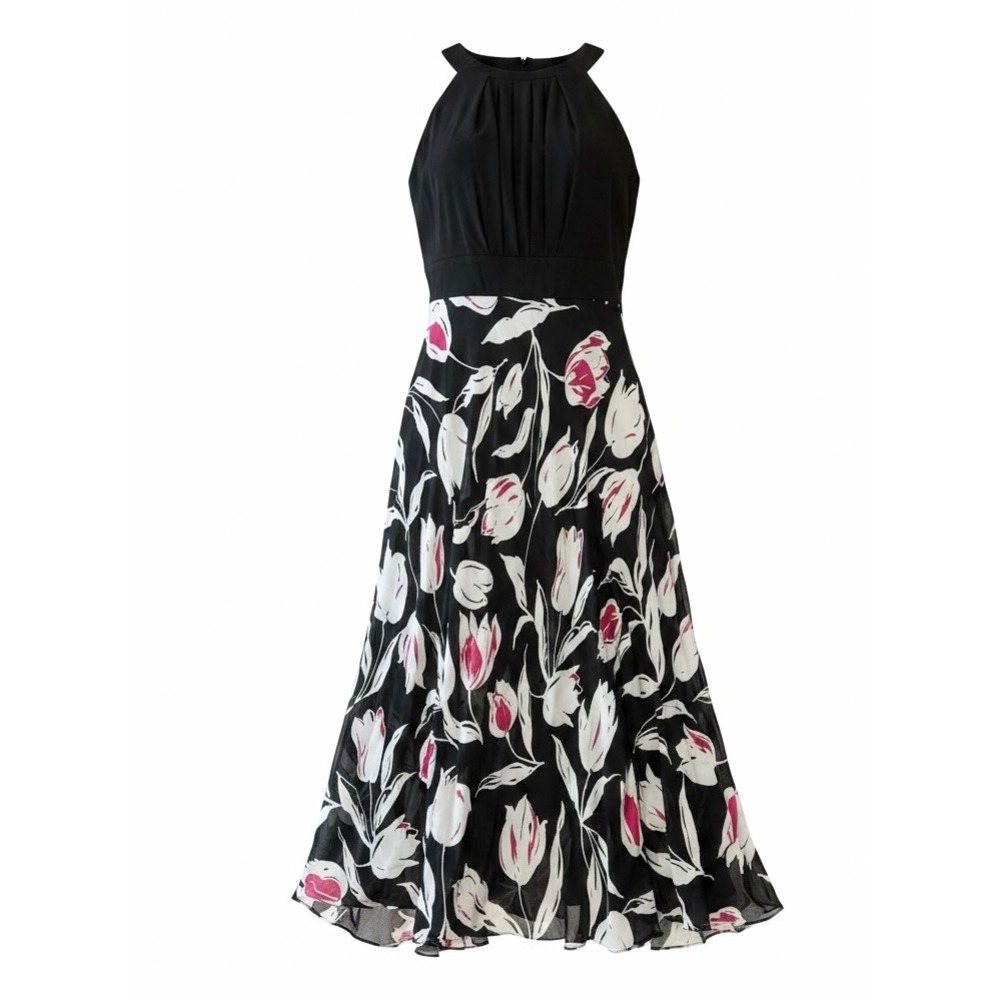 52seven Womens Black Pink Floral Halter Maxi Dress Pleated Sz 14 Lined New‎ Tags